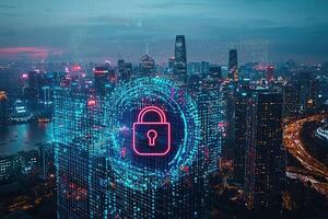 Cyber security concept with glowing padlock on digital city background photo