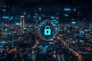 Cyber security concept with glowing padlock on digital city background photo