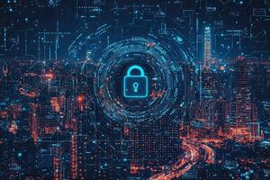 Cyber security concept with glowing padlock on digital city background photo