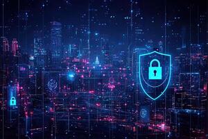 Cyber security concept with glowing padlock on digital city background photo