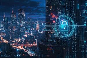 Cyber security concept with glowing padlock on digital city background photo