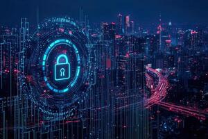 Cyber security concept with glowing padlock on digital city background photo
