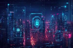 Cyber security concept with glowing padlock on digital city background photo