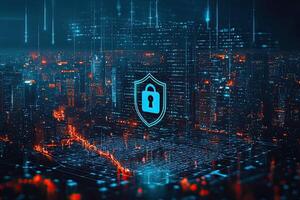 Cyber security concept with glowing padlock on digital city background photo