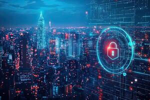 Cyber security concept with glowing padlock on digital city background photo