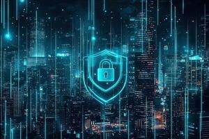 Cyber security concept with glowing padlock on digital city background photo
