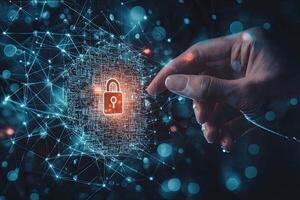 Cyber security concept with glowing padlock on digital city background photo