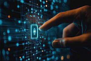 Cyber security concept with glowing padlock on digital city background photo