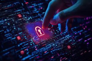 Cyber security concept with glowing padlock on digital city background photo