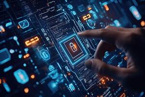 Cyber security concept with glowing padlock on digital city background photo