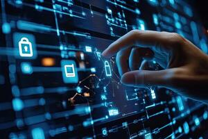 Cyber security concept with glowing padlock on digital city background photo