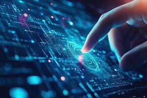 Cyber security concept with glowing padlock on digital city background photo