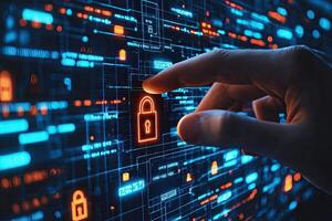Cyber security concept with glowing padlock on digital city background photo