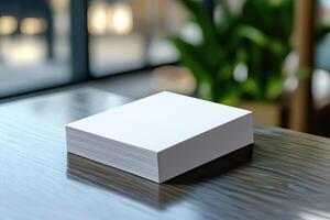 Blank business cards on table. Mockup for branding identity photo