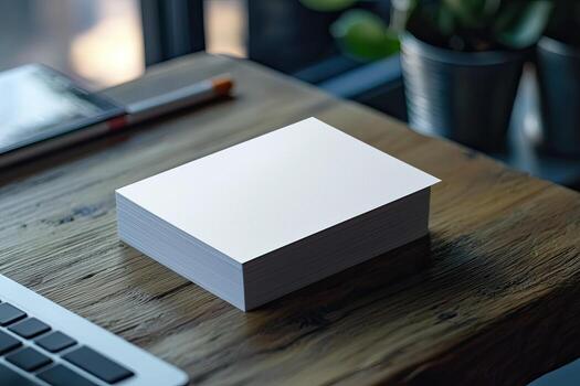 Blank business cards on table. Mockup for branding identity photo