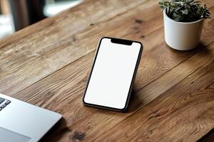 Smartphone with blank screen on white background. Mockup for design photo