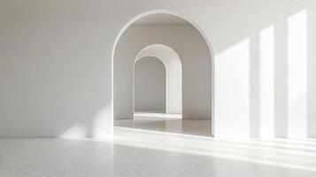 A minimalist empty room featuring natural sunlight reflections on the white walls and tiled floor, creating a serene, open atmosphere photo