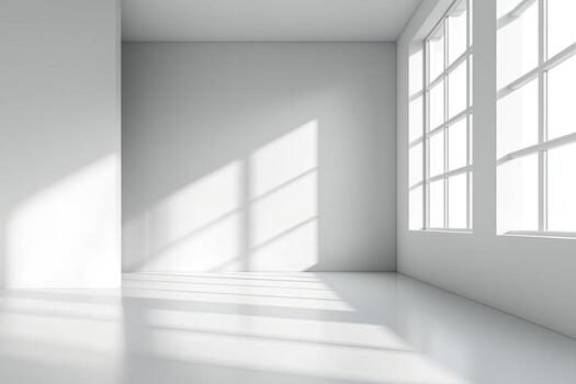 A minimalist empty room featuring natural sunlight reflections on the white walls and tiled floor, creating a serene, open atmosphere photo
