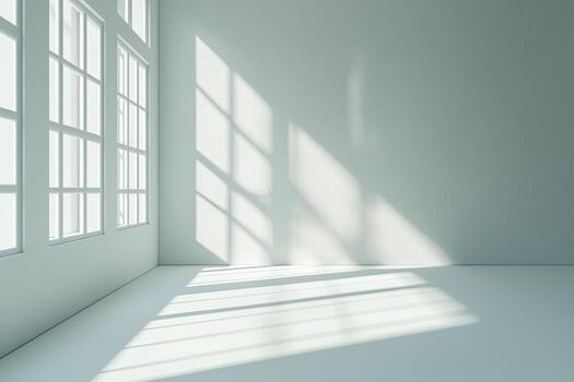A minimalist empty room featuring natural sunlight reflections on the white walls and tiled floor, creating a serene, open atmosphere photo
