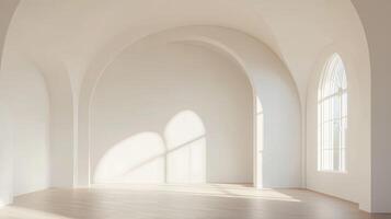 A minimalist empty room featuring natural sunlight reflections on the white walls and tiled floor, creating a serene, open atmosphere photo