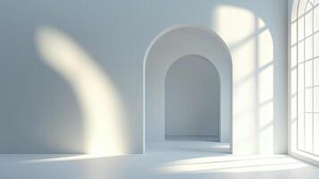 A minimalist empty room featuring natural sunlight reflections on the white walls and tiled floor, creating a serene, open atmosphere photo