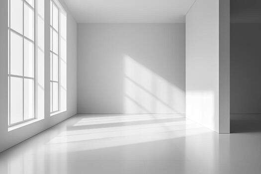 A minimalist empty room featuring natural sunlight reflections on the white walls and tiled floor, creating a serene, open atmosphere photo