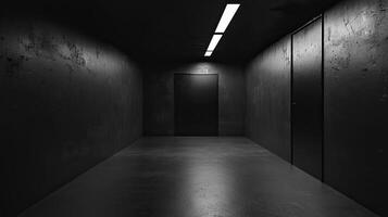 A minimalist, industrial-style room with dark concrete walls and floor, illuminated by sleek LED strip lights, creating a futuristic ambiance photo