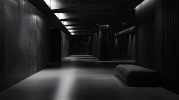 A minimalist, industrial-style room with dark concrete walls and floor, illuminated by sleek LED strip lights, creating a futuristic ambiance photo