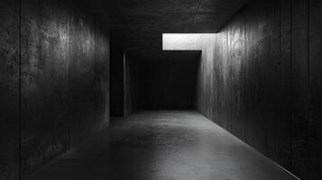 A minimalist, industrial-style room with dark concrete walls and floor, illuminated by sleek LED strip lights, creating a futuristic ambiance photo