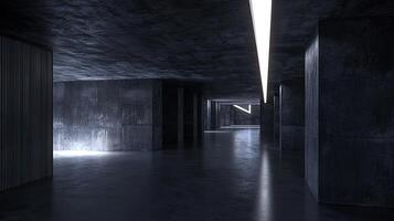 A minimalist, industrial-style room with dark concrete walls and floor, illuminated by sleek LED strip lights, creating a futuristic ambiance photo