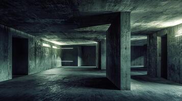 A minimalist, industrial-style room with dark concrete walls and floor, illuminated by sleek LED strip lights, creating a futuristic ambiance photo