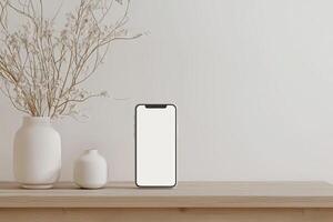 Smartphone with blank screen placed on background surface photo