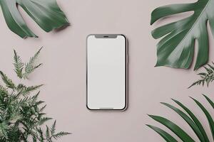 Smartphone with blank screen placed on background surface photo