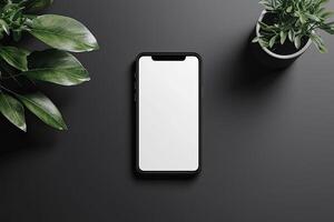 Smartphone with blank screen placed on background surface photo