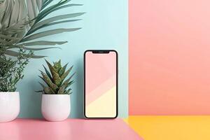 Smartphone with blank screen placed on background surface photo