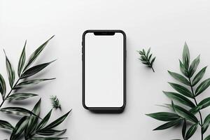 Smartphone with blank screen placed on background surface photo