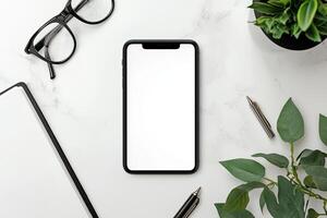 Smartphone with blank screen placed on background surface photo