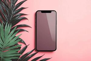 Smartphone with blank screen placed on background surface photo