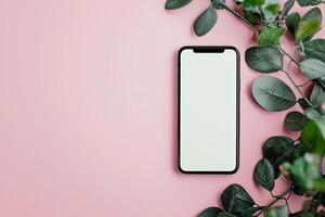 Smartphone with blank screen placed on background surface photo