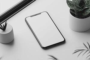 Smartphone with blank screen placed on background surface photo
