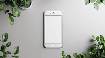 Smartphone with blank screen placed on background surface photo