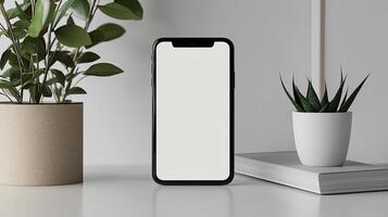 Smartphone with blank screen placed on background surface photo