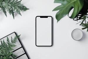 Smartphone with blank screen placed on background surface photo