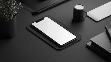 Smartphone with blank screen placed on background surface photo
