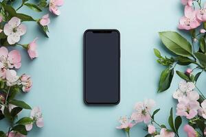 Smartphone with blank screen placed on background surface photo
