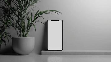 Smartphone with blank screen placed on background surface photo