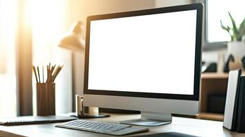 Close-up of a blank white screen computer monitor on a desk with office supplies in a minimalist home work space, front view, mockup template, soft blurred background, copy space concep photo
