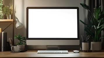 computer with a blank white screen on a desk in a modern office room, a mockup for artwork or text display template, with copy space. White background photo