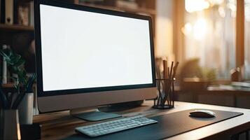 Close-up of a blank white screen computer monitor on a desk with office supplies in a minimalist home work space, front view, mockup template, soft blurred background, copy space concep photo