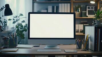 Close-up of a blank white screen computer monitor on a desk with office supplies in a minimalist home work space, front view, mockup template, soft blurred background, copy space concep photo